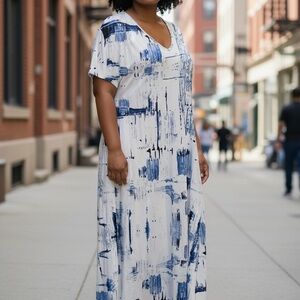 SHEIN Blue and White Brushstroke Maxi Dress